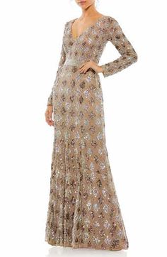 Mac Duggal Sequin Cutout Gown | Nordstrom Mac Duggal Dress, Long Sleeve Evening Gowns, Sequins Dress, Nude Dress, Trumpet Skirt, Dress Guide, Western Chic, Long Sleeve Sequin