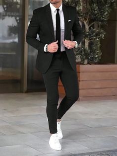 Manfinity Mode Men's Spring/Fall Solid Color Blazer Jacket With Notch Lapel And Suit Trousers, Business Travel Suit Set | SHEIN UK Elegant Black Suit Men, All Black Suit Men Wedding, Sweet 16 Boy, Outfit Formal Hombre, Retro Men Outfit, 80s Men Outfits, Black Blazer Outfit Men, 90s Men Outfits, Outfit Cena