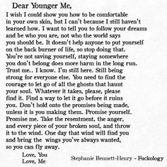 the poem dear younger me is written in black ink on white paper with an image of a