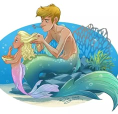 a man feeding a mermaid with a bowl of food