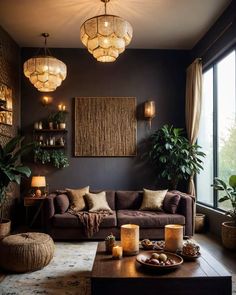 a living room filled with lots of furniture next to a window and potted plants