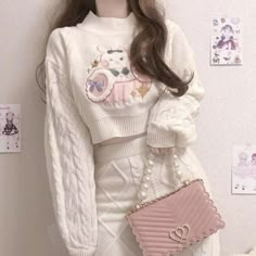 Hop into style with our Bunny Heart Knit Crop Top Skirt Set! This Kawaii Bunny outfit is perfect for any fashion-forward woman. The white color and sweater dress material make it suitable for any occasion, casual or formal. Don't miss out on being the cutest bunny around! 🐰💕 #BunnyHeartSet #KnitCropTop #SweaterDress #KawaiiFashion #WomenOutfit #Dress #Sweater #Skirt #Knit #OutfitSet #Bunny Twisted Skirt, Kawaii Sweater, 일본 패션, Embroidery Skirt, Cropped Pullover, Kawaii Fashion Outfits, Warm Sweaters, Kawaii Clothes, Japan Fashion