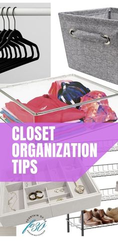 closet organization tips for small spaces with clothes hanging on racks and shoes in bins