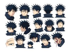 an anime character's head with different hair styles and facial expressions, all in black