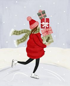 a painting of a woman carrying presents in the snow