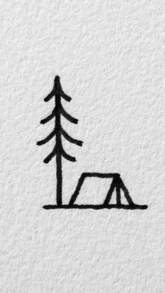 a black and white drawing of a tent next to a pine tree with the word camp written on it