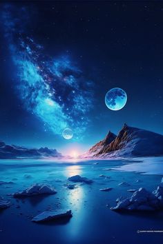 two planets floating in the sky above some icebergs and snow covered mountains at night