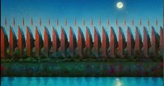 a painting of many red flags in front of a body of water with a full moon behind them