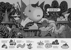 an illustrated book with many different things in the pages, including plants and animals on it