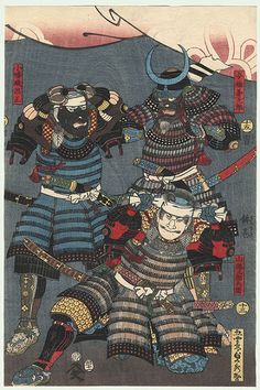 an image of three men dressed in traditional japanese clothing and holding swords, standing next to each other