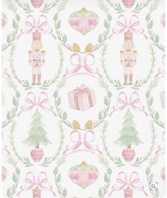 a pink and green christmas themed wallpaper with nutcrackers, presents and trees