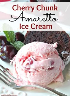 cherry chunk amaretto ice cream on a white plate