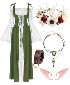 PRICES MAY VARY. 【Renaissance Dress Accessories Set】: This set includes 6 gorgeous accessories perfect for renaissance dresses. It features 2 wide ruffled dresses, a stunning flower crown, a pair of elf ears, a stylish layered necklace, and a high-quality leather belt. With this complete medieval women's costume and accessories set, you'll have everything you need to create a truly authentic and stunning look. 【High Quality Fabric】: Our Renaissance ruffle dresses are made of soft, breathable pol Medieval Fairy Costume, Ren Fair Accessories, Lotr Birthday, Dresses Medieval, Viking Outfit, Style Collages, Peasant Costume, Ruffled Dresses