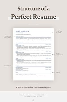 a resume template with the words structure of a perfect resume on it, and an image of