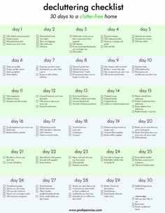 a printable checklist for the day to day calendar with text that reads, delutering checklist 30 days to a clean - free routine