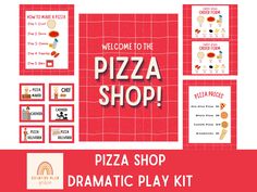 the pizza shop dramatic play kit is shown in red and white with text that reads welcome to the pizza shop