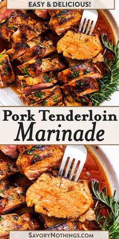 pork tenderloin marinade in a pan with rosemary garnish