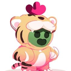 a cartoon tiger with a pink heart on its head and green eyes, standing in front of a white background