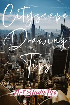 the cityscape drawing tips book cover with an aerial view of buildings and skyscrapers