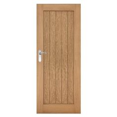 a wooden door with a metal handle on the front and side paneled wood doors