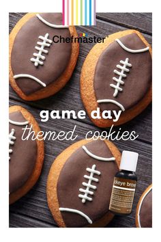 some cookies with football decorations on them and the words game day themed cookies next to it