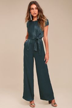 Dark Green Jumpsuit - Knotted Jumpsuit - Satin Jumpsuit - Lulus Winter Formal Jumpsuit, Emerald Green Womens Pant Suit, Jumpsuit Outfit Professional, Cocktail Jumpsuits For Women, Women Semi Formal Outfit Wedding, Modest Jumpsuits For Women, Jumpsuit Cocktail Outfit, Women's Cocktail Attire, Officiant Outfits For Women