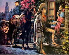 a painting of a man sitting on a bench next to a horse and another person