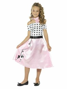 50's Poodle Skirt Costume for Girls!  Includes Full Dress, Neck Scarf, and Belt.  Available in Small for Children 46-51 inches tall, Medium for Children 52-57 inches, and Large for Children 58-63 inches.  FAST SHIPPING! All items for sale are IN STOCK in the Atomic Costumes warehouse system.  Atomic Costumes only sells brand new, first quality costumes, ordered directly from the original manufacturer.  All costumes ordered before 3PM eastern time will ship the Poodle Skirt Costume, Grease Costume, 1950s Girl, Poodle Dress, 1950 Style, Girls Fancy Dress, Costume For Girls, Poodle Skirt, Dress Neck