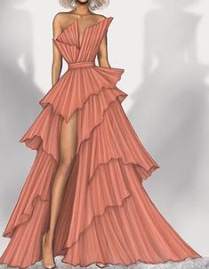 a drawing of a woman in a pink dress with high slits on her legs