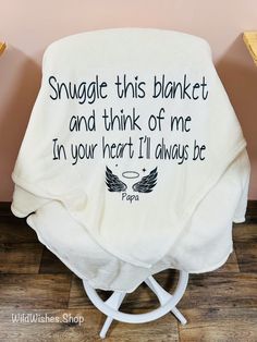 a blanket that says, snuggle this blanket and think of me in your heart i'll always be peppa