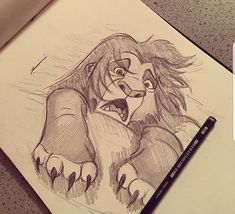 a pencil drawing of a lion from the animated movie simbam, on a piece of paper