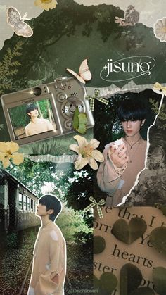 a collage of photos with flowers and butterflies