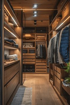 a walk - in closet with wooden shelves and clothes hanging on the walls, along with drawers