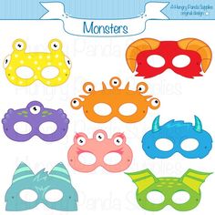 a set of six masks with different colors and designs on the front, one has eyes and