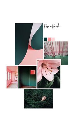 pink and green collage with images of flowers, plants, and other things in the background