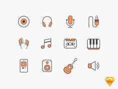 an orange and white icon set with musical instruments, headphones, microphones, music notes