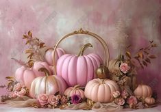 a painting of pink pumpkins and flowers in a basket on a table with gold trim