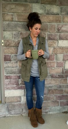 utility vest outfit, fringe boots outfit idea, green vest and grey tee outfit idea, fall fashion, fall outfit ideas. Grey Tee Outfit, Fringe Boots Outfit, Utility Vest Outfit, Clothes Shops, Pijamas Women, Fall Family Photo Outfits, Extra Petite, Utility Vest, Boating Outfit