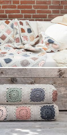 two crocheted bedspreads are next to each other