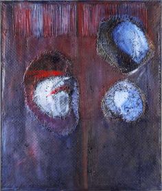 an abstract painting of three baseballs on a metal surface with red and blue paint