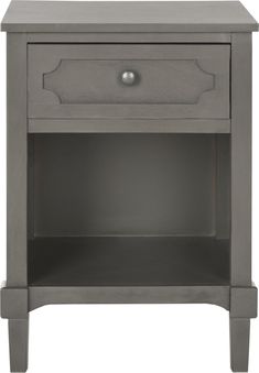 a gray nightstand with one drawer and two drawers on the bottom, in front of a white background