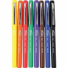 six pens are lined up in different colors and sizes, with one pen sticking out from the