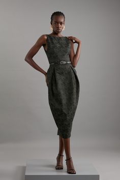 Feel Confident In Our Midi Dress, With A Structured Design, As Well As A Belted Waist For A Cinched Silhouette, And Low Back. Style It With Block Heels Or Strappy Stilettos For An Evening Look That Makes A Subtle Statement. Jacquard Belted Pencil Tailored Midi Dress Unique, Structured Silhouette Subtle, Monochromatic Jacquard Fabric High Neckline Striking, Backless Design Belted Waist Feature Zip Back Fastening Jacquard Midi Dress, Petite Work Outfits, Petite Wedding Guest Dresses, Latest Maxi Dresses, Maxi Dress Collection, Dress With Jean Jacket, Tall Dresses, Strappy Stilettos, Dress Unique