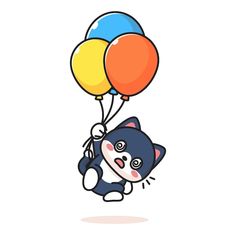 a black and white cat flying with balloons in its mouth, cartoon character illustration on background