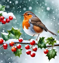 a bird is sitting on a branch with holly berries