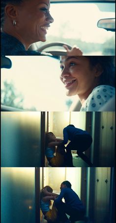 two people sitting in a car and one person standing next to the back door smiling