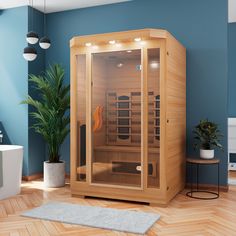 a bathroom with a sauna in the middle and a rug on the floor next to it