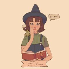 a girl is reading a book while wearing a witch's hat and holding her hand to her face