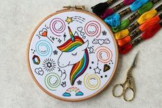 the embroidery kit is next to scissors and thread