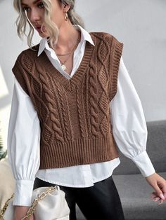 Brown Sweater Vest, Knit Vest Outfit, Preppy Pullover, Vest Outfits For Women, Sweater Vest Outfit, Vest Outfit, Summer Vest, Women Sweater, Outfit Winter